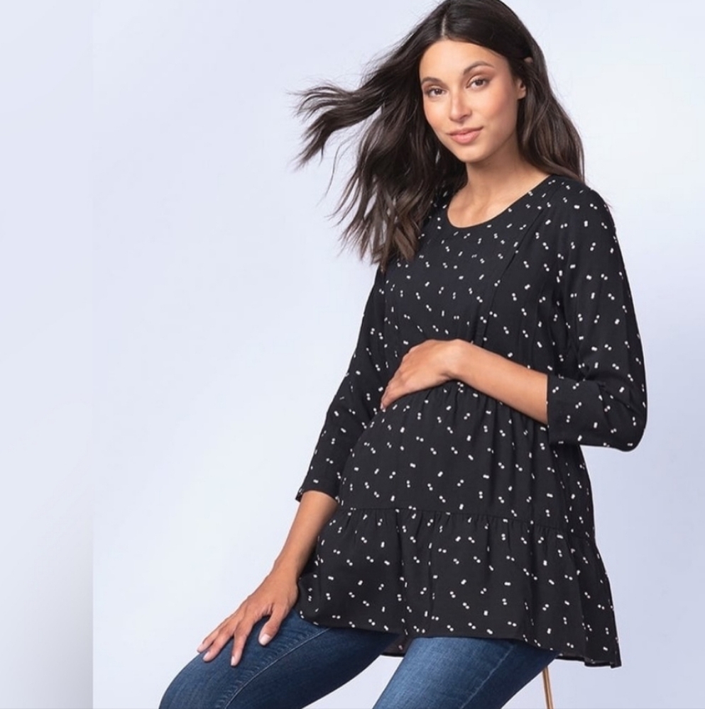 Seraphine Black Maternity Blouse with White Print